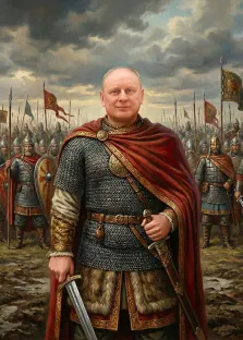 Мужской портрет в образе. На портрете изображён мужчина в доспехах древнерусского воина — кольчуга, украшенный плащ, меховая отделка, меч в руке; его поза уверенная, взгляд прямой и спокойный. На заднем плане — строй вооружённых ратников с копьями и щитами, развеваются боевые знамёна, небо затянуто облаками, что создаёт атмосферу предбоевого напряжения и величия. Художник: Ирина
