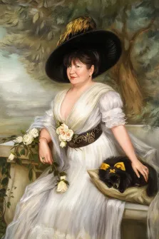 Женский портрет в образе. На портрете изображена женщина в элегантном белом платье с глубоким вырезом, украшенным букетом белых роз, и в большой чёрной шляпе с перьями; она сидит на скамейке, нежно гладя маленькую чёрную собачку с жёлтым бантом, лежащую на подушке у её ног. Фон картины — приглушённый пейзаж с деревьями и лёгкой дымкой, создающий атмосферу утончённой аристократической безмятежности. Художник: Анастасия К