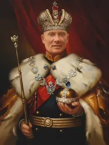 Мужской портрет в образе. На портрете изображён монарх в роскошных регалиях: на голове — массивная корона с крупным красным камнем, в одной руке он держит скипетр, в другой — державу, украшенную драгоценными камнями. Его наряд дополнен меховой мантией, орденами и золотой отделкой, а фон из тёмно-красной драпировки подчёркивает величие и торжественность образа. Художник: Анастасия 