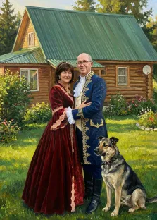 Парный портрет в образе. На портрете изображена семейная пара в исторических костюмах на фоне деревянного дома с зелёной крышей: женщина в роскошном бордовом платье с кружевными деталями и тиарой, мужчина — в синем кафтане с золотой вышивкой, белом жабо и чёрных сапогах. Рядом с ними спокойно сидит крупная собака, а вокруг раскинулся ухоженный сад с цветущими кустами и сочной зелёной травой. Художник: Ирина