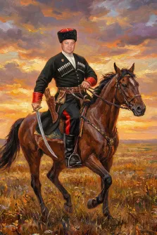 Мужской портрет в образе. На портрете изображён казак в традиционной черкеске с патронами на груди, красной папахе и кожаных сапогах, сидящий верхом на гнедом коне. На фоне — закатное небо с пылающими облаками и степной пейзаж, подчёркивающий мужественность и свободолюбивый дух героя. Художник: Ирина