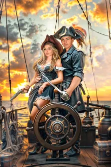 Парный портрет в образе. На портрете изображены двое пиратов — мужчина и женщина — на палубе корабля у штурвала на фоне закатного неба с огненными облаками. Женщина в коричневой шляпе и корсетном платье держит пистолет, а мужчина в кожаной одежде и треуголке с ярким пером обнимает её за талию, оба выглядят уверенно и дерзко. Художник: Ирина