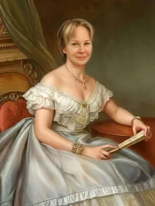 Женский портрет в образе. На портрете изображена женщина в элегантном светлом платье с пышной юбкой и кружевными рукавами, сидящая на резном кресле с красной обивкой; в руках она держит раскрытую книгу, а на шее — изящное ожерелье. Её светлые волосы аккуратно уложены, на лице — мягкая улыбка, фон выполнен в приглушённых тонах, подчёркивающих благородство образа. Художник: Ирина