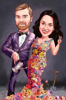 Парный портрет в стиле шарж. На шарже изображены улыбающиеся мужчина и женщина: мужчина в элегантном фиолетовом смокинге с бабочкой держит лейку, а женщина в ярком платье, полностью украшенном разноцветными цветами, весело показывает жест «мир» рукой. У их ног рассыпаны цветы и лежит маленькая лопата, а тёмный фон подчёркивает красочность и жизнерадостность персонажей. Художник: Олеся 