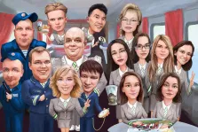 Корпоративный портрет в стиле шарж. На шарже изображён коллективный портрет сотрудников железнодорожного предприятия: мужчины в форме машинистов и охранников, женщины в деловых костюмах с зелёными галстуками, все выполнены в карикатурном стиле с преувеличенными чертами лица и жизнерадостными выражениями. На фоне — интерьер вагона с красными шторами, а некоторые персонажи держат атрибуты профессии: поднос с угощением, карманные часы, стакан с логотипом, подчёркивая командный дух и профессиональную специфику группы. Художник: Алексей 