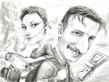 Парный портрет в стиле шарж. На шарже изображены мужчина и женщина с утрированными чертами лица: мужчина с крупным носом и широкой улыбкой держит в руке старомодный раскладной телефон, а женщина с выразительными глазами и длинными ресницами сидит у него на плече, держа свиток и карандаш. Фон выполнен в лёгких штрихах, создающих ощущение движения и лёгкости, а позы и выражения лиц героев передают игривое, жизнерадостное настроение. Художник: Алексей 