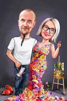 Шарж, художник Александра Р На рисунке изображена карикатура на пару на сером фоне. Мужчина стоит слева и держит серебряную лейку. На нем надета белая футболка, синие джинсы и черные туфли. У него лысая голова, голубые глаза и борода, заплетенная в косу. Шарж, художник Александра Р