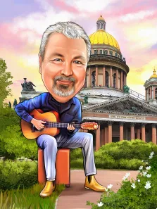 Изображение представляет собой карикатуру на мужчину, играющего на гитаре. У мужчины большая голова, седые волосы, борода и усы. Шарж, художник Александра Р