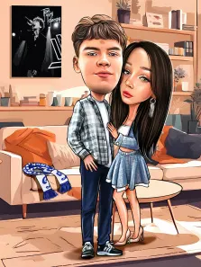 Парный портрет в стиле шарж. На картине изображена пара — молодой человек в клетчатой рубашке и джинсах и девушка в джинсовой юбке и топе, стоящая рядом с ним и нежно обнимающая его за талию. На фоне — уютная гостиная с диваном, пледом, полками с книгами и декором, а также постер с изображением музыканта. Художник Александра