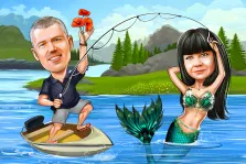 Парный портрет в стиле шарж. На карикатурной картине изображён мужчина в лодке с удочкой, держащий в руке три красных мака, а напротив него в воде — русалка с длинными чёрными волосами, в украшенном зелёном топе и с мерцающим хвостом. Фон составляют живописные горы, хвойный лес и спокойная гладь реки, создающие весёлую и сказочную атмосферу. Художник Александра