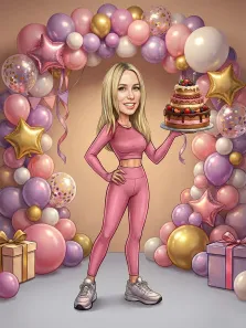 Женский портрет в стиле шарж. На шарже изображена улыбающаяся девушка в розовом спортивном костюме, держащая в руке трёхъярусный праздничный торт с ягодами. На фоне — арка из воздушных шаров пастельных оттенков (розовых, сиреневых, золотых) и подарочные коробки, создающие атмосферу весёлого праздника. Художник Ирина