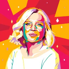 Женский портрет в стиле wpap. На портрете в стиле поп-арт изображена женщина со светлыми волнистыми волосами и выразительными голубыми глазами, одетая в светлую одежду. Фон выполнен в ярких красно-жёлтых тонах с геометрическими элементами и ромбами, создающими динамичную и энергичную атмосферу. Художник: Анастасия 