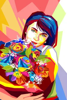 Женский портрет в стиле wpap. На портрете в стиле WPAP изображена молодая женщина с короткими тёмными волосами, бережно обнимающая яркий букет цветов; её лицо выражает лёгкую улыбку и спокойствие. Фон выполнен в насыщенных геометрических оттенках — жёлтых, розовых и зелёных, что создаёт динамичную и жизнерадостную атмосферу композиции. Художник: Александра 