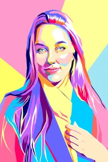 Женский портрет в стиле wpap. На портрете в стиле поп-арт изображена молодая женщина с длинными разноцветными волосами; её лицо выражает лёгкую улыбку, а взгляд направлен прямо на зрителя. Фон выполнен в ярких геометрических оттенках — жёлтом, розовом и голубом, что подчёркивает динамику и насыщенность образа. Художник: Анастасия 
