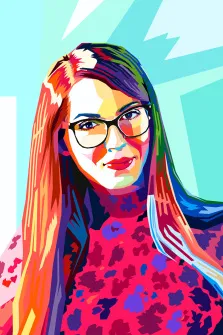 Женский портрет в стиле Wpap. На портрете в стиле поп-арт изображена молодая женщина с длинными прямыми волосами, в очках с массивной чёрной оправой и ярком наряде с леопардовым принтом в розовых и фиолетовых оттенках. Фон выполнен в светло-голубых и белых геометрических формах, подчёркивающих динамичность и красочность образа. Художник: Олеся 
