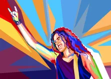 Мужской портрет в стиле Wpap. На картине в стиле поп-арт изображён человек с длинными разноцветными волосами, который с энтузиазмом поднимает руку, показывая жест «коза» (два поднятых пальца) — характерный символ рок-культуры. Фон выполнен в виде ярких геометрических лучей насыщенных оттенков синего, жёлтого и оранжевого, создающих динамичную и энергичную атмосферу. Художник Александра Р