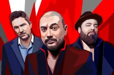 Мужской портрет в стиле Wpap. На портрете в стиле поп-арт изображены трое мужчин на фоне ярких красно-серых геометрических фигур. Центральный персонаж — бритый мужчина с бородой в тёмной одежде, по бокам — двое других: слева мужчина с короткими тёмными волосами в костюме, справа — мужчина в шляпе с густой бородой, одетый в тёмную рубашку; все выглядят серьёзно и уверенно. Художник: Александра 