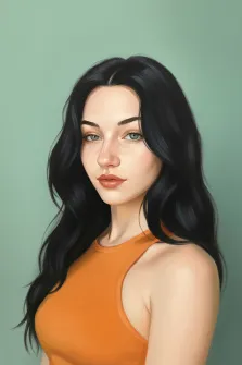 Женский портрет в стиле под масло. На картине изображён портрет молодой женщины с длинными тёмными волнистыми волосами, одетой в оранжевый топ без рукавов. Фон выполнен в спокойном светло-зелёном оттенке, подчёркивающем естественную красоту модели и создающем гармоничную, уравновешенную композицию. Художник Анна