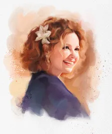 Портрет улыбающейся женщины с рыжими волосами в акварельном стиле, художник Полина