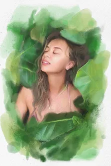 Акварельный портрет девушки на зеленом фоне