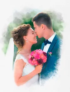 Свадебный акварельный портрет пары на светлом зелёном фоне, молодой человек в синем классическом костюме целует в нос девушку с букетом в руке, художник Полина
