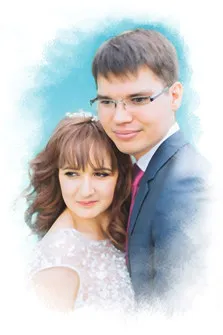 Портрет молодой свадебной пары в стиле акварель на светлом голубом фоне,  художник Полина 