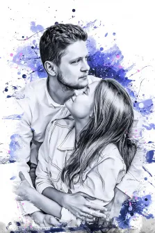 Парный портрет в стиле бьюти: молодой человек обнимает девушку на бело-фиолетовом фоне, художник Юлия