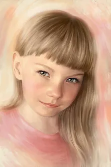 Портрет маслом девочки на бежево-розовом фоне, художник Анастасия