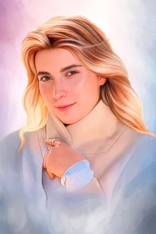 Женский портрет, Бьюти, светловолосая девушка в бежевом пальто и с кольцом на указательном пальце изображена на светлом фоне, художник Мария 