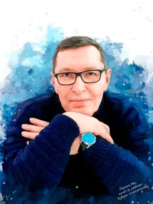 Мужской портрет в стиле Бьюти, мужчина в очках и синем свитере на абстрактном сине-белом фоне, художник Валерия 