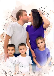 Семейный портрет из пяти человек в стиле Бьюти: мужчина в белой футболке, женщина в фиолетовом платье, двое мальчиков в белых футболках и девочка в фиолетовом платье, художник Анастасия 