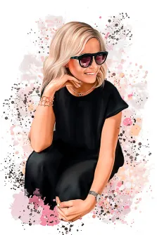 Портрет светловолосой девушки в чёрном платье и в чёрных солнцезащитных очках, портрет в стиле Бьюти, художник Мария 