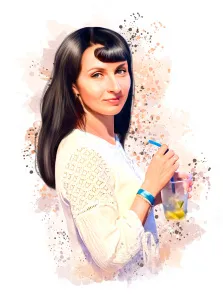 Женский портрет в стиле Бьюти, девушка в белой блузке и с темно-русыми волосами держит в руках напиток, художник Ольга 