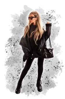 Женский Бьюти портрет: длинноволосая девушка блондинка в солнцезащитных очках, с чёрной сумкой и в чёрной одежде, художник Анастасия 