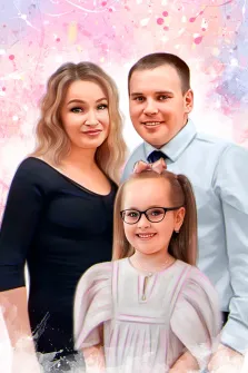Семейный Бьюти портрет из трёх человек на ярком розовом фоне, художник Виктория 