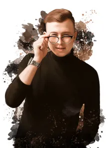 Портрет молодого человека в очках и в черной водолазке выполнен в стиле Бьюти на светлом фоне, художник Мария 