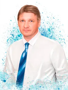 Мужской портрет в стиле Бьюти: голубоглазый мужчина в белой рубашке с синим галстуком на бело-голубом фоне, художник Мария 