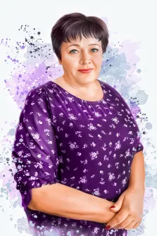 Портрет женщины с короткой стрижкой и в фиолетовом платье в стиле Бьюти, фон в белых и фиолетовых цветах, художник Мария 