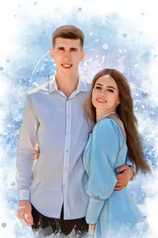 Парный Бьюти портрет, молодой человек в белой рубашке с расстёгнутой верхней пуговицей и девушка в голубом лёгком платье изображены на абстрактном фоне, художник Виктория 