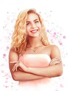 Бьюти, художник Юлия, женский портрет розовом топе на фоне розовых брызг