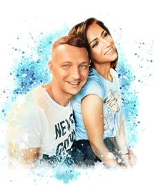 Портрет девушки и парня в стиле бьюти-арт на бело-голубом фоне, художник Юлия