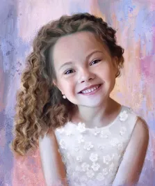 Детский портрет, художник Александра, портрет девочки в нарядном платье на абстрактном сиреневом фоне