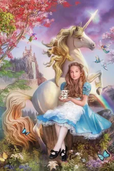 Фэнтези, Детский портрет, художник Антонина, девочка в голубом платье, в образе Алисы в стране чудес с единорогом и феями