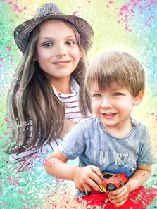 Портрет девочки в шляпе и мальчика в стиле Дрим-Арт