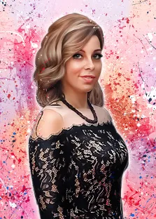 Дрим арт, художник Юлия, женский портрет в кружевном черном платье на розовом фоне