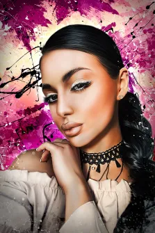 Дрим арт, художник Юлия, женский портрет с темными волосами на ярком фоне