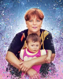 Дрим арт, художник Юлия, женщина с ребенком на руках на фиолетово-синем абстрактном фоне