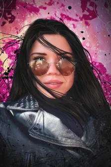 Женский портрет в стиле Дрим арт, девушка в кожаной куртке и солнечных очках на розовом фоне, художник София