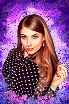 Дрим арт портрет с абстрактным фиолетовым фоном, изображена девушка с русыми волосами в тёмной блузке, художник Анастасия