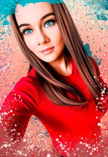 Женский портрет в стиле Дрим арт, голубоглазая девушка в красном свитере на абстрактном цветном фоне, художник Анастасия 